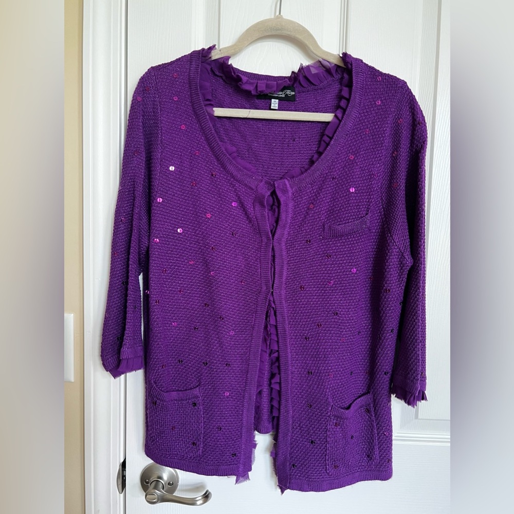 My Favorite Things, Colleen Lopez-Plum, sequins-metallic knit; cardigan. 1X